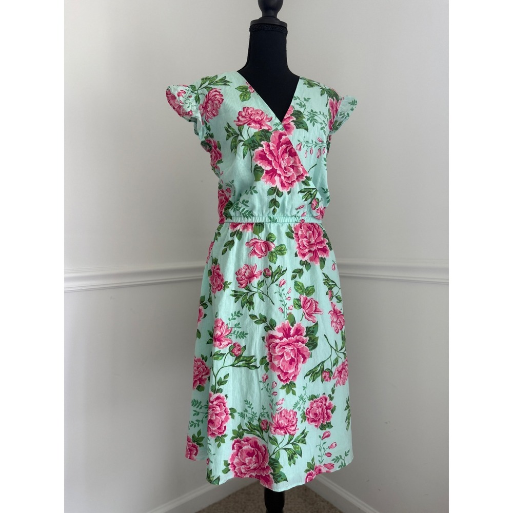 Gymboree Floral Print mini Dress Ruffle Sleeve‎ green pink boho chic women XL